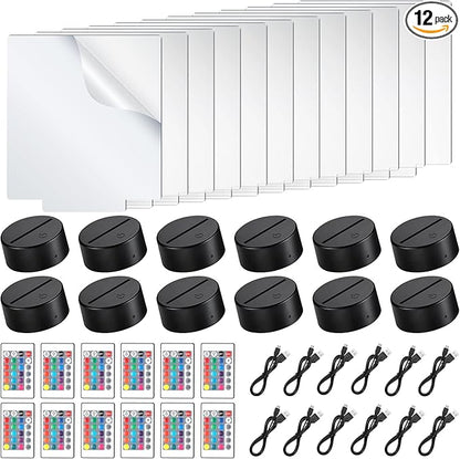Riakrum 48 Pcs/12 Sets Acrylic Night Lights Clear Acrylic Sheets and 3D Night LED Light Lamp Base with Remote Control USB Cable, DIY LED Lamp Set for Restaurant Bar Cafe Room Decor(Rectangular)
