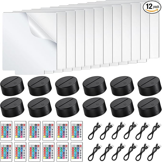 Riakrum 48 Pcs/12 Sets Acrylic Night Lights Clear Acrylic Sheets and 3D Night LED Light Lamp Base with Remote Control USB Cable, DIY LED Lamp Set for Restaurant Bar Cafe Room Decor(Rectangular)