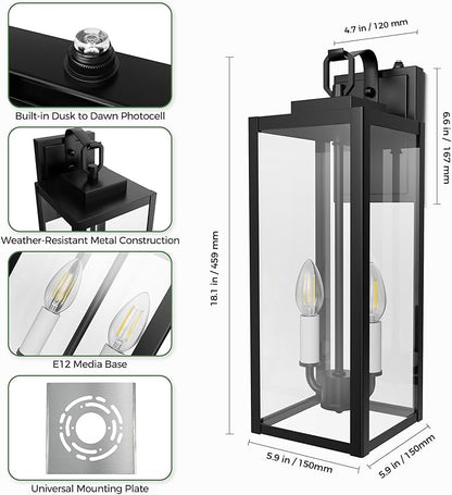 DORESshop 18" Dusk to Dawn Outdoor Wall Lights, 2-Light Black & White Outdoor Wall Sconce Lantern with Clear Glass, Tall Transitional Exterior Light Fixtures for Porch, Garage, ETL Listed, 2 Pack