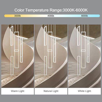 Modern Adjustable Height Pendant Light White 108W LED Pendant Lights 6 Rings Rectangular Chandelier Staircase Large Chandelier Lobby Living Room Kitchen Island Foyer High Ceiling Chandeliers