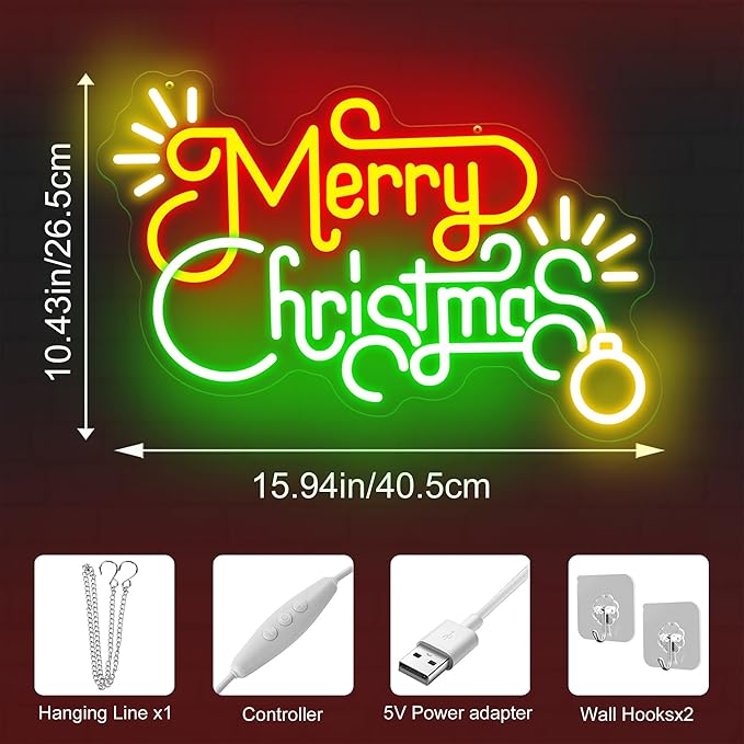 Merry Christmas LED Neon Sign – Festive Tree-Themed Wall Light for Holiday Home Decor, Party Backdrop & Gift, Customizable Christmas Wall Decoration 14″×10.2″