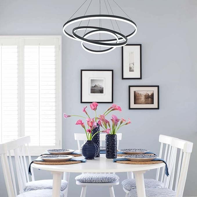3-Rings D31.5’’ Modern LED Chandelier Black, Dimmable Pendant Lighting with Remote Control Circular Flush Mount High Ceiling Light for Living Dining Room Bedroom Foyer, 3000K-6500K