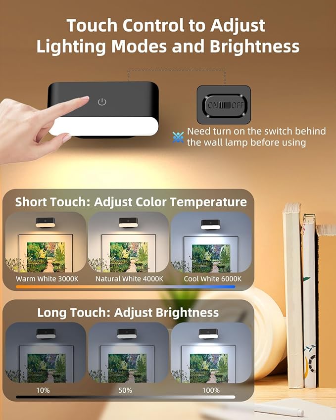 Battery Operated Wall Sconce Set of 2, Rechargeable LED Wall Mounted Light with Remote Control, Stick On Magnetic Wall Lights for Bedroom, 3 Modes Dimmable Bedside Reading Wall Lamps for Bedroom
