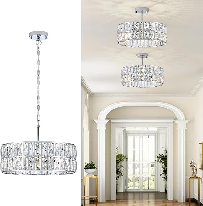 CATINER Modern Crystal Chandelier 18”Chrome Semi Flush Mount Ceiling Light Fixtures 6-Lights Drum Crystal Pendant Lighting for Dining Room Foyer Bedroom Living Room