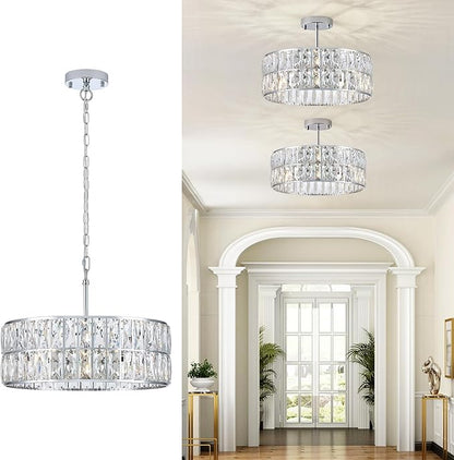 CATINER Modern Crystal Chandelier 18”Chrome Semi Flush Mount Ceiling Light Fixtures 6-Lights Drum Crystal Pendant Lighting for Dining Room Foyer Bedroom Living Room