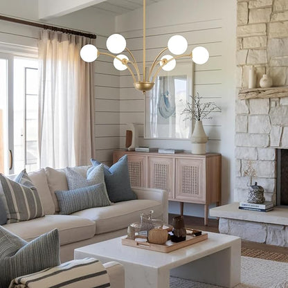 29.7” Modern Gold Chandelier 6-Lights Modern Vintage Golden Chandelier Light Fixture Rustic Farmhouse Glass Chandeliers for Dining Room, Kitchen Island, Bedroom, Living Room, Foyer, G9