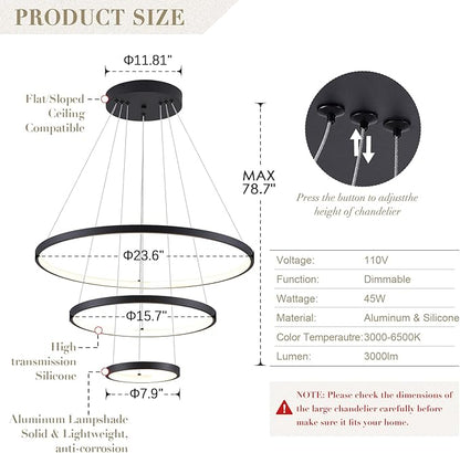 Modern LED Chandeliers 3 Rings Black Chandelier Dimmable LED Pendant Light Fixture Remote Control Contemporary Flush Mount Chandelier for Dining Room Bedroom Foyer, 3000-6500K