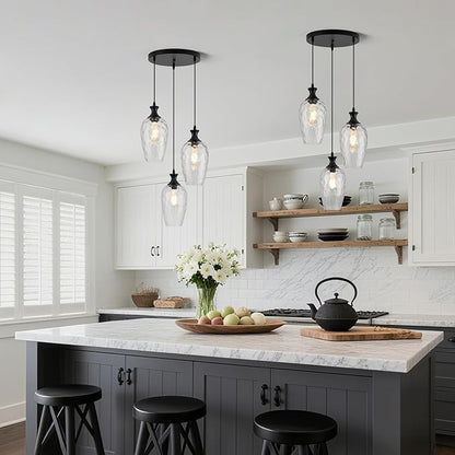 3-Light Pendant Lighting, Black Dining Room Chandelier Light Fixture Over Table with Hammered Glass, Modern Cluster Hanging Lights for Kitchen Island Sink, E26