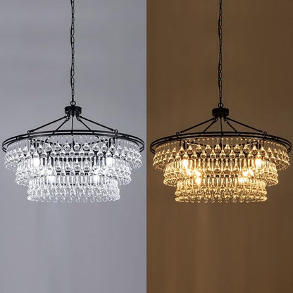 Wellmet Large Black Farmhouse Chandelier - 32" Round Modern Crystal Teardrop Chandelier for Dining Room, Bedroom, Kitchen, Hallway, Closet, Living Room