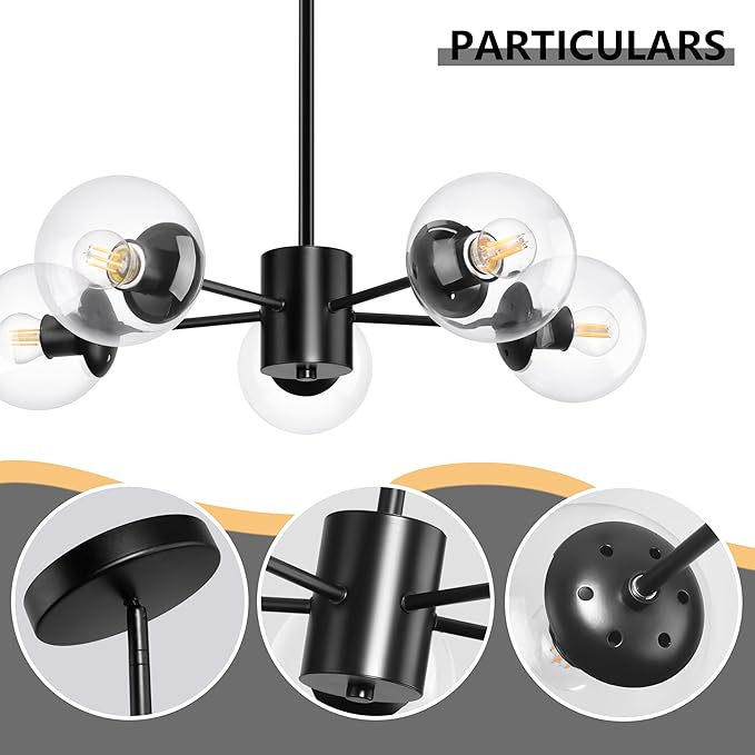 Bagood 5-Light Globe Sputnik Chandelier Black Mid Century Sputnik Chandeliers Dimmable Globe Pendant Light Matte Black Finished with Clear Glass Lampshade Chandeliers for Dining Room