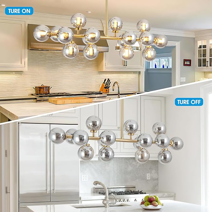 Modern Gold Linear Chandelier Rectanglar Modern Grey Globe Pendant Light Sputnik Chandeliers Hanging Light Fixture 16-Light