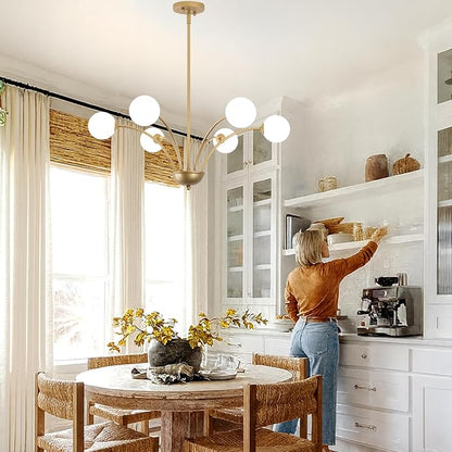 29.7” Modern Gold Chandelier 6-Lights Modern Vintage Golden Chandelier Light Fixture Rustic Farmhouse Glass Chandeliers for Dining Room, Kitchen Island, Bedroom, Living Room, Foyer, G9