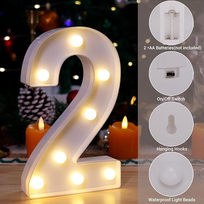 LED Marquee Sign Light Up Letters, Alphabet Light Up Letters Sign, Battery Powered LED Letter Lights for Night Light, Wedding, Birthday, Party, Christmas or Home Decor (Number 2)