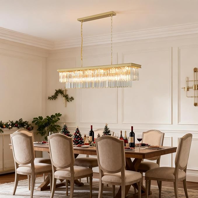 Weesalife Crystal Chandeliers for Dining Room Light Fixtures Over Table，18-Lights Gold Modern Rectangle Chandeliers for Kitchen Island Bar L46 Inch