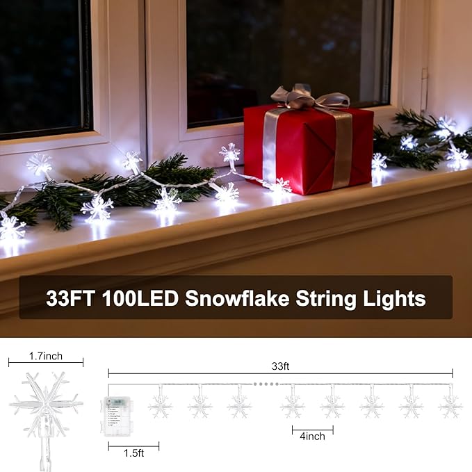 Christmas Decorations Lights, 8 Modes Timer with Remote 33 Ft 100 LED Battery Operated Fairy Lights Waterproof for Bedroom Patio Room Garden Party Home Xmas Tree Decor Indoor Outdoor, White