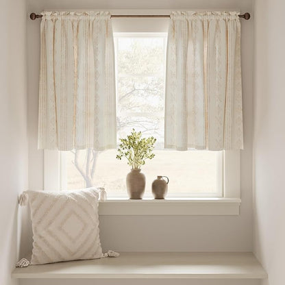 jinchan Boho Kitchen Curtains Linen Tier Curtains 24 Inches Bohemian Cafe Small Drapes Striped Mudcloth Farmhouse for Bathroom RV Camper Light Filtering Rod Pocket 2 Panels Taupe on Beige