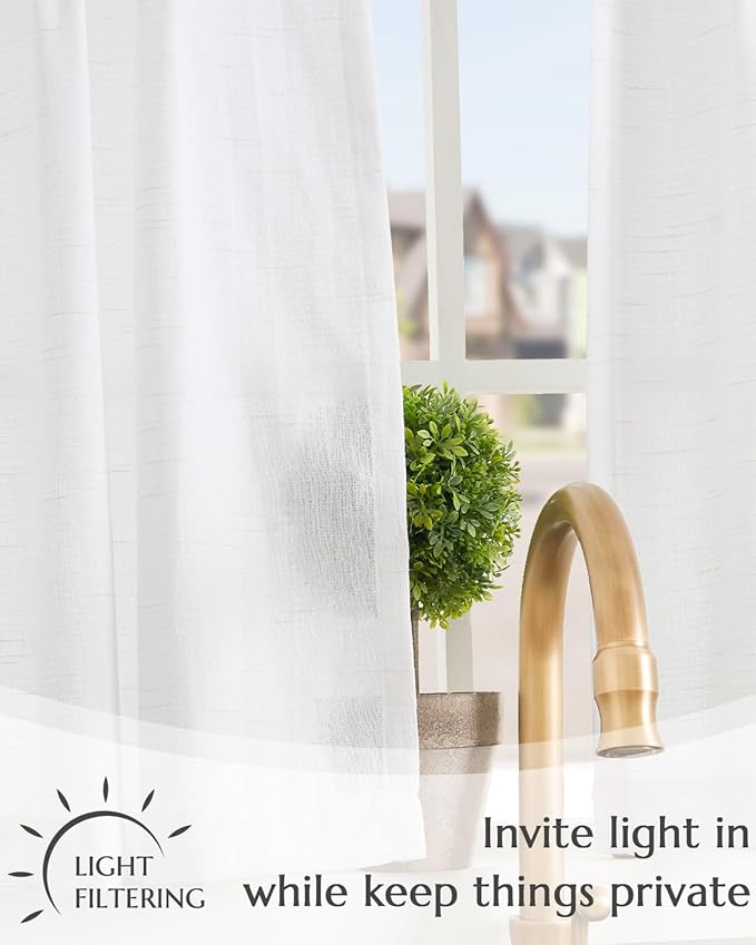 jinchan Tie Top Linen Kitchen Curtains Over Sink 36 Inch Length Tier Curtains Farmhouse Rustic Small Cafe Curtain for Bedroom Living Room Bathroom Half Window Light Filtering Privacy 2 Panels White