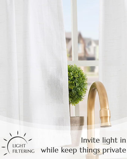 jinchan Tie Top Linen Kitchen Curtains Over Sink 36 Inch Length Tier Curtains Farmhouse Rustic Small Cafe Curtain for Bedroom Living Room Bathroom Half Window Light Filtering Privacy 2 Panels White