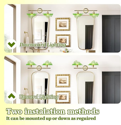 2 Light Vintage Wall Sconces with Glass Shades,Vanity Light,Bathroom Light,Wall Lighting Fixture for Mirror,Home Decor Art Wall Light (Golden+Green, 2-Lights)