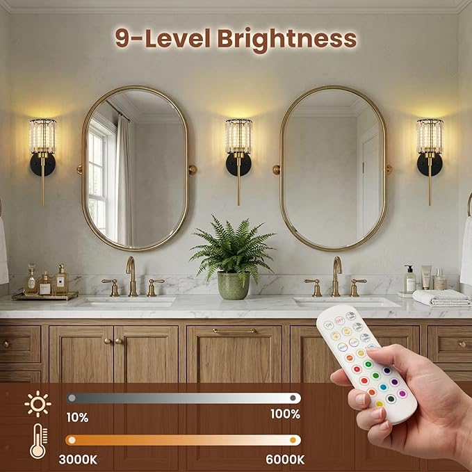 Crystal Battery Operated Wall Sconces, BlackGold Rechargeable Wireless Wall Sconce Lights with Dimmable Bulbs and Remote, 12 Colors and 3CCT Dimmable Crystal Wall Lamps for Living Bedroom