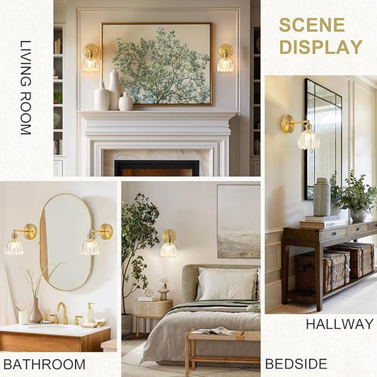 Hardwired Wall Sconce Light, Vintage Wall Sconce with Switch, Gold Wall Light Fixture with Tulip Transparent Glass Lampshade, Indoor Wall Light for Bedroom Bathroom, Bedside Wall Lamp