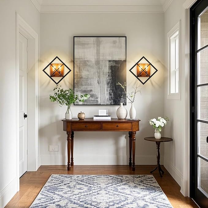 Farmhouse Wall Sconce with Black Finish & Wood Grain,Rustic Wall Sconces Indoor Wall Light Fixtures 17.8in for Stairway, Living Room, Bedroom, Bathroom (2 Light,E26 Base, No Bulbs)