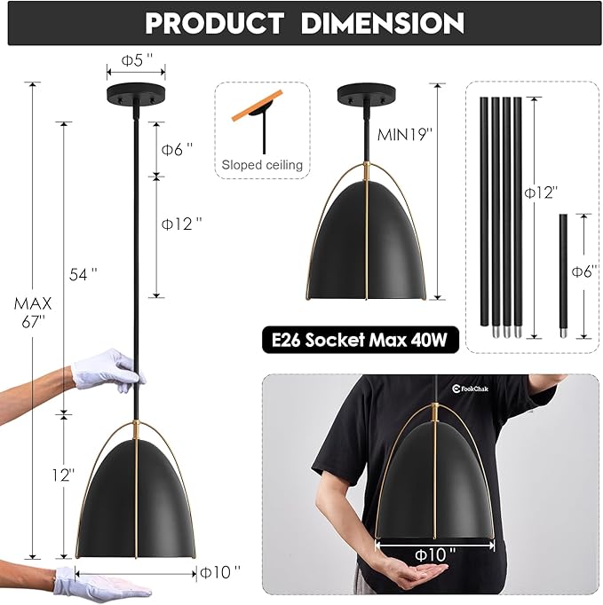 Black Dome Pendant Light 10in Kitchen Island Pendant Lighting Modern Black & Gold Ceiling Pendant Light Fixture for Kitchen Sink Dining Room, E26
