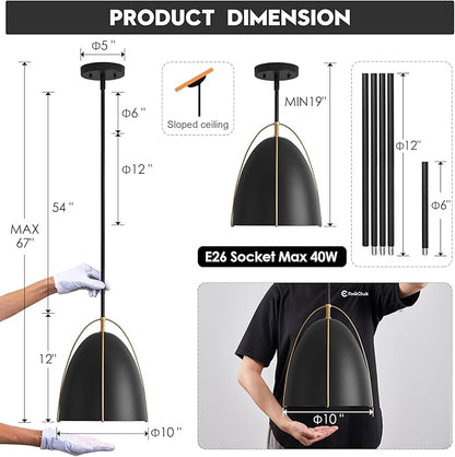 Black Dome Pendant Light 10in Kitchen Island Pendant Lighting Modern Black & Gold Ceiling Pendant Light Fixture for Kitchen Sink Dining Room, E26