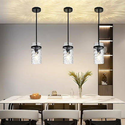 3 Pack Black Pendant Lights Kitchen Island, Hammered Glass Pendant Lighting Over Island, Kitchen Hanging Light Fixtures Pendant Light Over Sink for Kitchen Entryway Foyer Dining Room