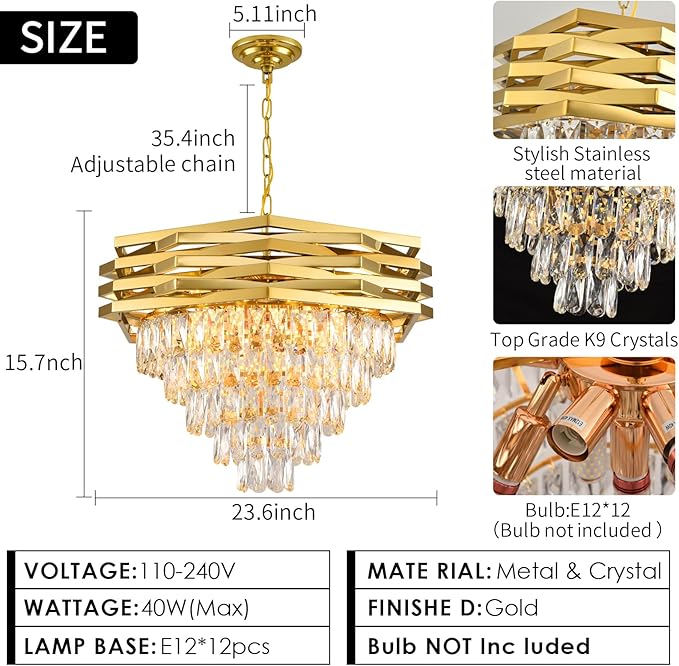 Gold Modern Crystal Chandelier 24" Round Chandeliers for Dining Room K9 5 Tiers Ceiling Pendant Light Fixtures Large Flush Mount Chandelier for Living Room Entryway Foyer Staircase