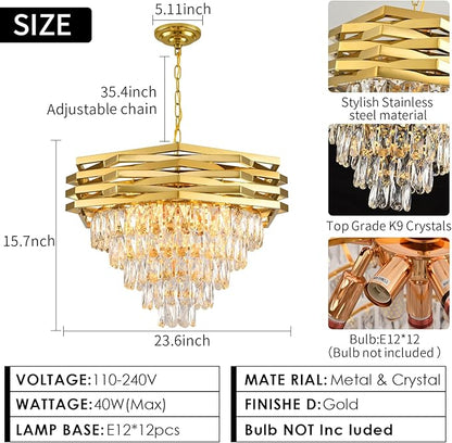 Gold Modern Crystal Chandelier 24" Round Chandeliers for Dining Room K9 5 Tiers Ceiling Pendant Light Fixtures Large Flush Mount Chandelier for Living Room Entryway Foyer Staircase
