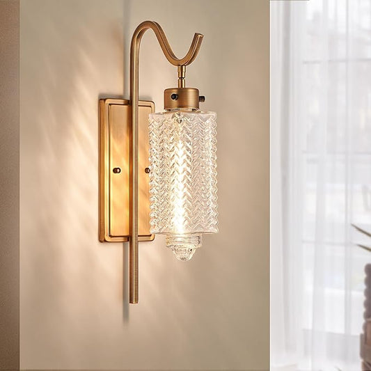 Farmhouse Wall Sconces,Vintage Gold Metal Wall Mount Light Lantern with Glass Shade & E26 Socket,Indoor Wall Lamp,for Living Room, Bedroom, Bathroom, Hallway (Vintage Gold -1-Light)