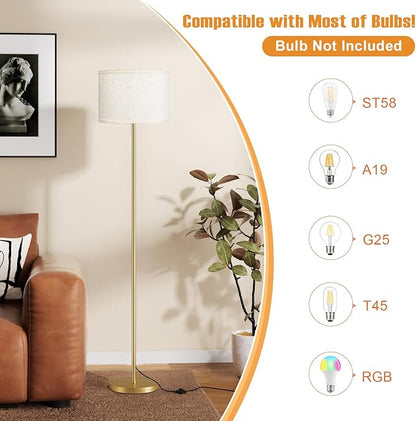 Ambimall 60'' Modern Floor Lamp with Shade, Tall Lamps for Living Room, Bedroom, Office, Dining Room, Beige Shade with Gold Pole(Without Bulb)