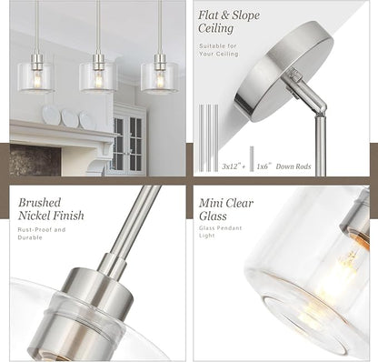 Brushed Nickel Pendant Lights Kitchen Island, 1-Light Modern Clear Glass Hanging Light Fixtures with Rods, Mini Kitchen Pendant Lighting Over Island for Sink Bathroom, OS-YQ8153-1PBNC