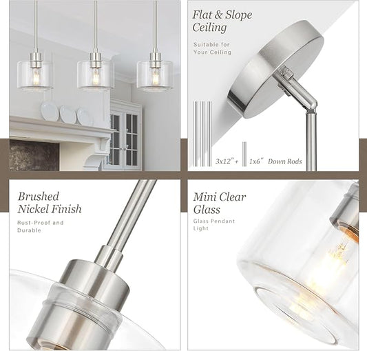Brushed Nickel Pendant Lights Kitchen Island, 1-Light Modern Clear Glass Hanging Light Fixtures with Rods, Mini Kitchen Pendant Lighting Over Island for Sink Bathroom, OS-YQ8153-1PBNC