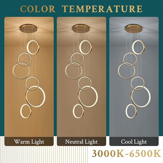 6 Rings Modern LED Chandelier for High Ceiling Dimmable Gold Contemporary Pendant Light Fixture Long Foyer Chandelier for Entryway Staircase Dining Room Living Room, 3000-6500K