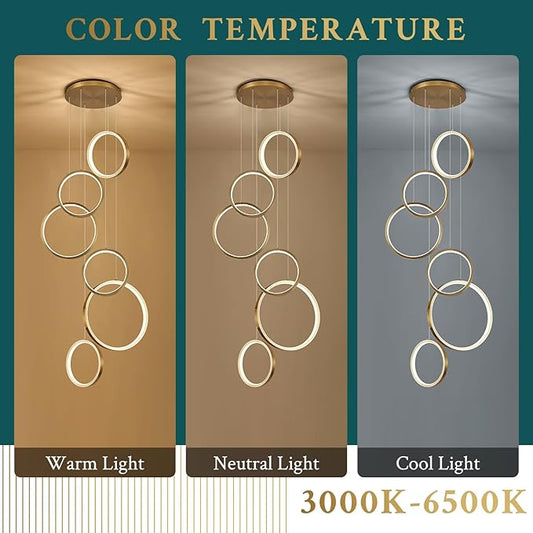 6 Rings Modern LED Chandelier for High Ceiling Dimmable Gold Contemporary Pendant Light Fixture Long Foyer Chandelier for Entryway Staircase Dining Room Living Room, 3000-6500K