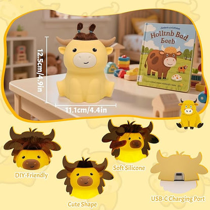 OkiyiD Highland Cow Night Light, Cute Animal Silicone Touch Cow Lamp, Highland Cow Gifts for Boys Girls Women Christmas, Dimmable Soft Glow Bedside Lamp for Nursery Bedroom Decor