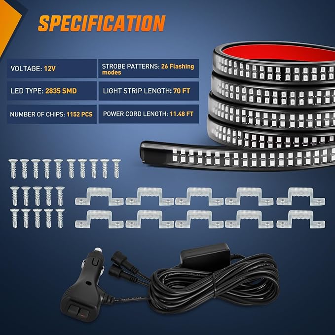 Nilight 2PCS 70 Inch Emergency Strobe Light Strip 1125 LED Running Board Lights Red Flexible Side Flashing Warning Caution Safety Waterproof for Truck Construction Vehicles Pickup