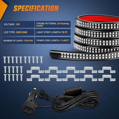 Nilight 2PCS 70 Inch Emergency Strobe Lights Strip 1125 LED Running Board Marker Light Red Blue Flexible Side Flashing Warning Caution Safety Waterproof for Truck Construction Vehicles Pickup