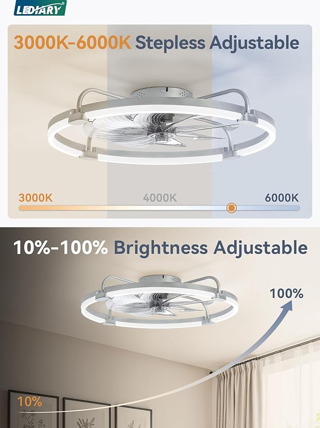 LEDIARY 2 Pack Ceiling Fans with Lights and Remote, 24'' Low Profile Ceiling Fan with Light, 3000-6000K Dimmable Fandelier LED Fan Light, 6 Wind Speeds, Grey Flush Mount Ceiling Fan for Bedroom