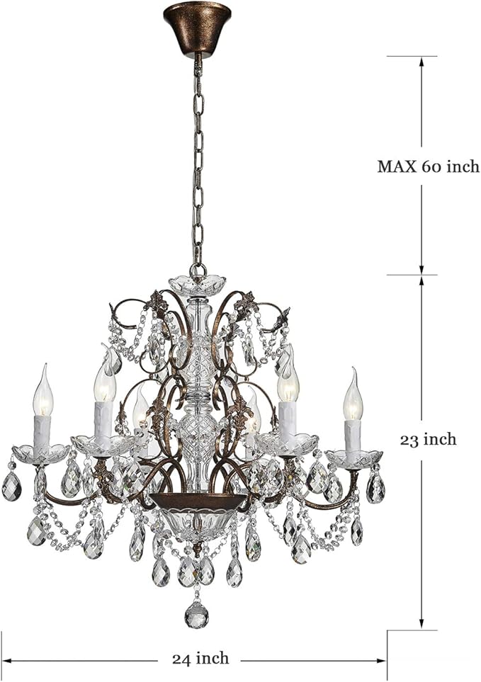 Saint Mossi 6-Light Crystal Chandelier - Farmhouse Rustic Pendant Light Fixture for Bedroom, Dining Room, Living Room - H23 x W24, Chain Adjustable
