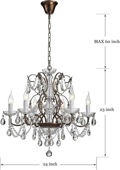 Saint Mossi 6-Light Crystal Chandelier - Farmhouse Rustic Pendant Light Fixture for Bedroom, Dining Room, Living Room - H23 x W24, Chain Adjustable