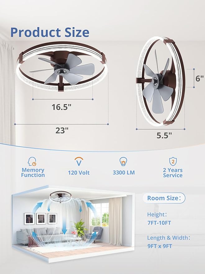 ZMISHIBO Low Profile Ceiling Fans with Lights, Flush Mount Modern Ceiling Fan and Remote Control, 23" LED Ceiling Fans, Stepless Dimmable 3 Colors and 6 Speeds (Brown, 23")