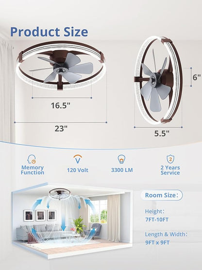 ZMISHIBO Low Profile Ceiling Fans with Lights, Flush Mount Modern Ceiling Fan and Remote Control, 23" LED Ceiling Fans, Stepless Dimmable 3 Colors and 6 Speeds (Brown, 23")