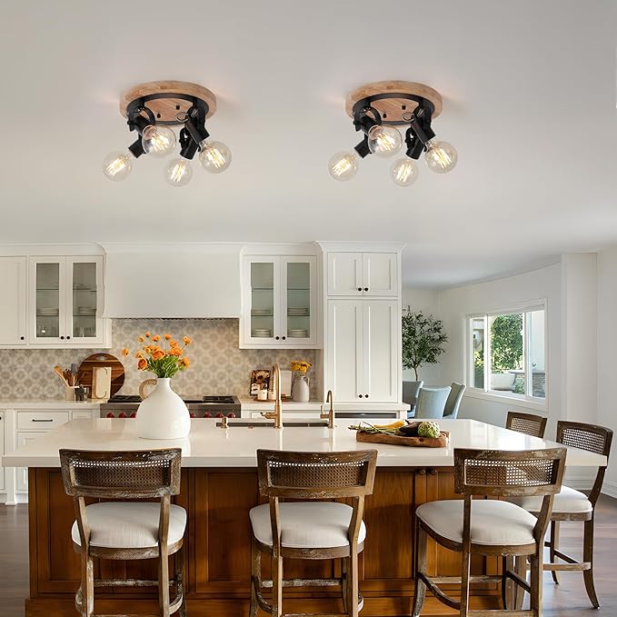 4-Light Round Flush Mount Ceiling Light，Adjustable Farmhouse Kitchen Track Light with Wood Base, Multi-Directional Dining Room Light for Island Hallway Entryway Bedroom.