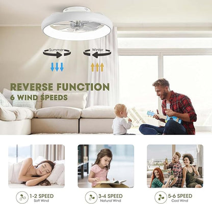 LUDOMIDE 20" Modern White Flush Mount Ceiling Fan with Lights, 6 Wind Speeds, LED, Voice Control, Bedroom, Living Room, Kitchen