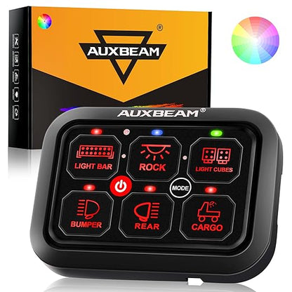 Auxbeam 6 Gang Switch Panel RA60 Toggle Momentary Pulsed RGB Dimmable Switch Panel Multifunction Switch Panel Built in Solid State Relay Marine Control Panel Waterproof for Car Boat, 3 Years Warranty