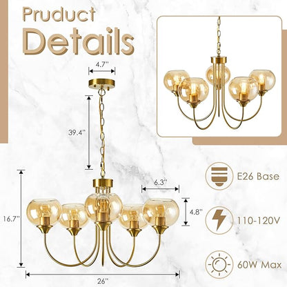 Mid Century Modern Globe Chandelier 5 Light Amber Glass Vintage Sputnik Chandeliers Gold Pendant Light Fixtures for Dining Room Kitchen Living Room Bedroom