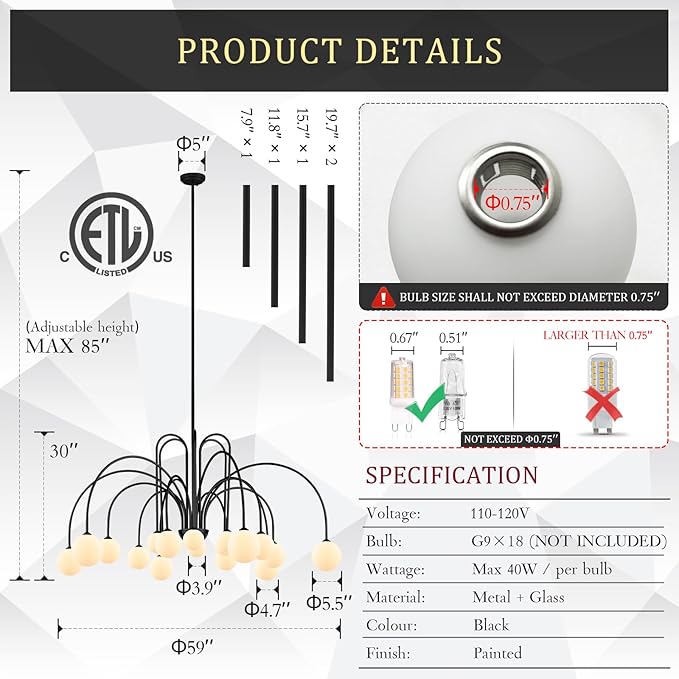 CATINER Modern Black Sputnik Chandeliers Extra Large 18 Lights L59”Mid Century Ceiling Pendant Lighting Fixture with Milk Glass Globe Shades for High Ceiling Living Room Foyer Staircase
